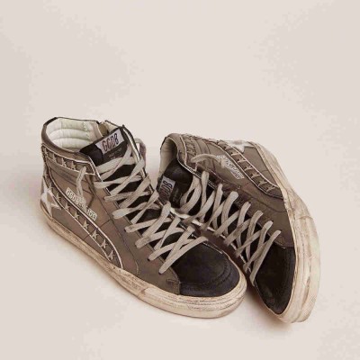 Golden Goose Slide Sneakers With Silver Laminated Leather Upper And Studs