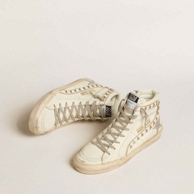 Golden Goose Slide Sneakers With Silver Metallic Leather Star And Leather Flash With Stars