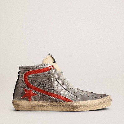 Golden Goose Slide Sneakers With Silver Metallic Leather Upper And Red Metallic Leather Flash