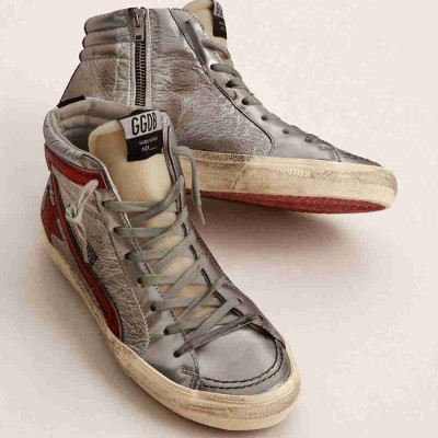 Golden Goose Slide Sneakers With Silver Metallic Leather Upper And Red Metallic Leather Flash