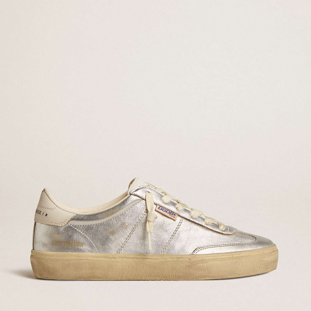 Golden Goose Soul Star Sneakers In Metallic Silver Leather With White Leather Heel Tab