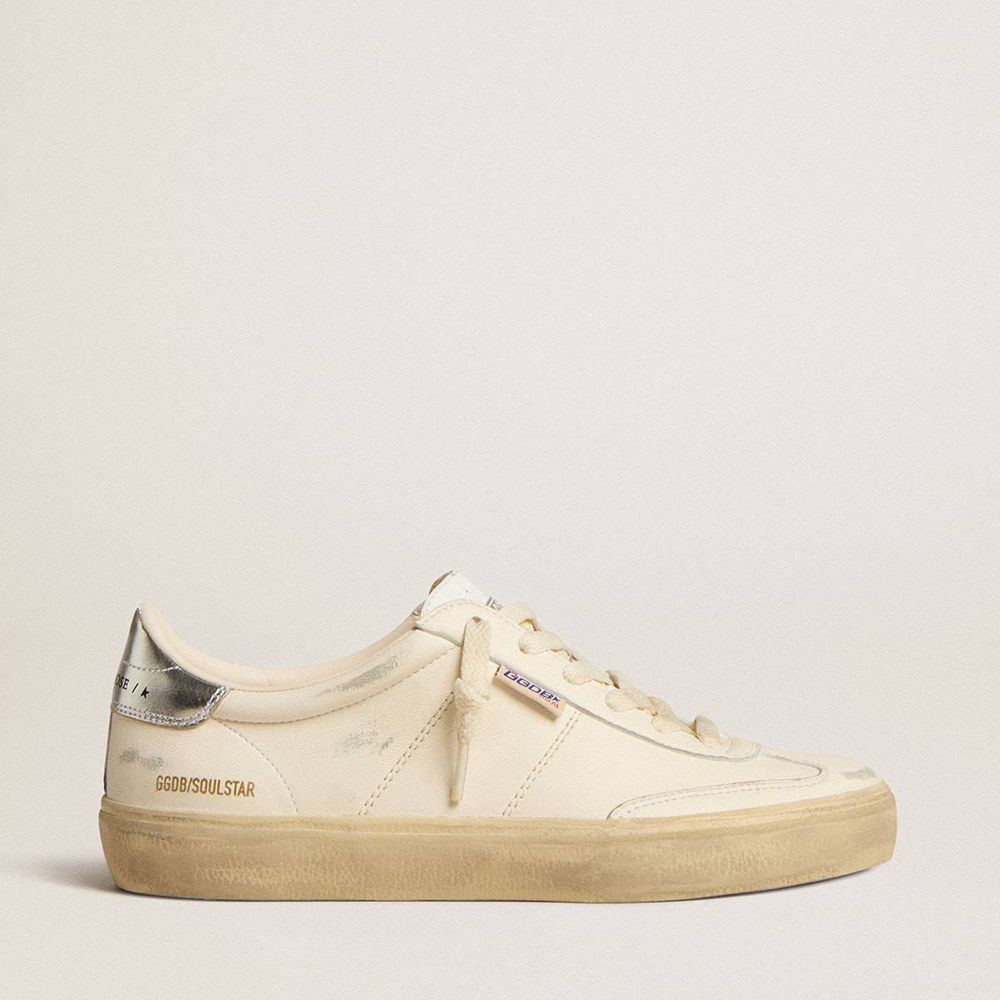 Golden Goose Soul Star Sneakers In White Nappa With Metallic Silver Leather Heel Tab