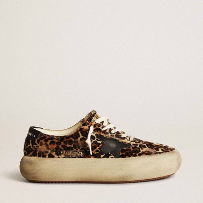 Golden Goose Space-Star Sneakers In Leopard Print Pony Skin With Black Star