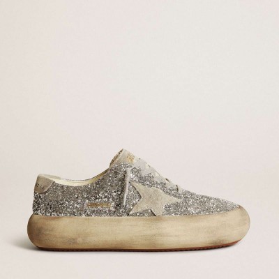 Golden Goose Space-Star Sneakers In Silver Glitter With Ice-gray Star