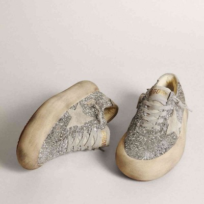 Golden Goose Space-Star Sneakers In Silver Glitter With Ice-gray Star