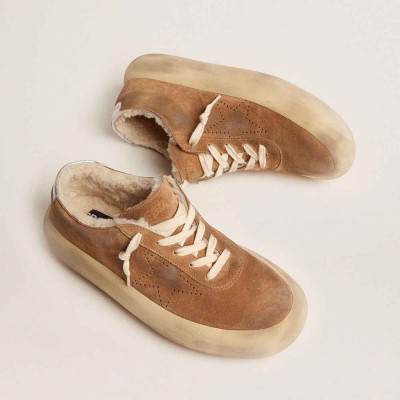 Golden Goose Space-Star Sneakers In Tobacco-colored Suede And Shearling Lining