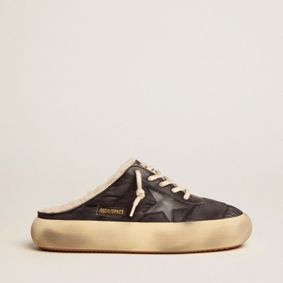 Golden Goose Space-Star Sneakers Sabot Shoes In Quilted Black Nylon With Shearling Lining