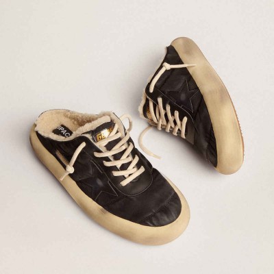 Golden Goose Space-Star Sneakers Sabot Shoes In Quilted Black Nylon With Shearling Lining