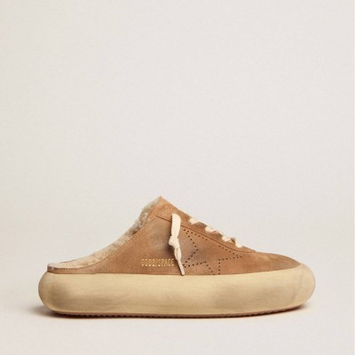 Golden Goose Space-Star Sneakers Sabot Shoes In Tobacco-colored Suede With Shearling Lining