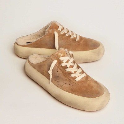 Golden Goose Space-Star Sneakers Sabot Shoes In Tobacco-colored Suede With Shearling Lining
