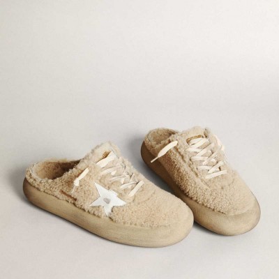 Golden Goose Space-Star Sneakers Sabots In Beige Shearling With White Leather Star