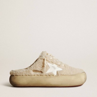 Golden Goose Space-Star Sneakers Sabots In Beige Shearling With White Leather Star