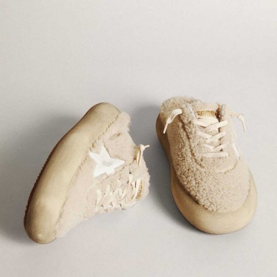 Golden Goose Space-Star Sneakers Sabots In Beige Shearling With White Leather Star