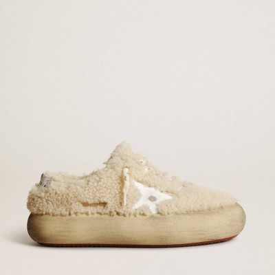 Golden Goose Space-Star Sneakers Shoes In Beige Shearling With White Leather Star And Metallic Leather Heel Tab