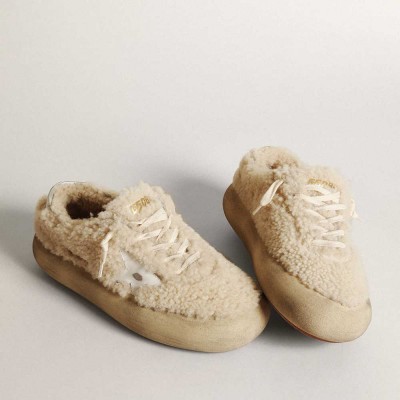 Golden Goose Space-Star Sneakers Shoes In Beige Shearling With White Leather Star And Metallic Leather Heel Tab