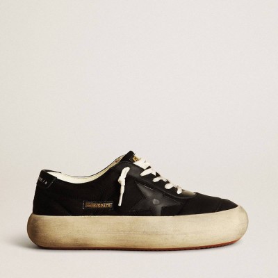 Golden Goose Space-Star Sneakers Shoes In Black Nylon With Black Leather Star And Heel Tab