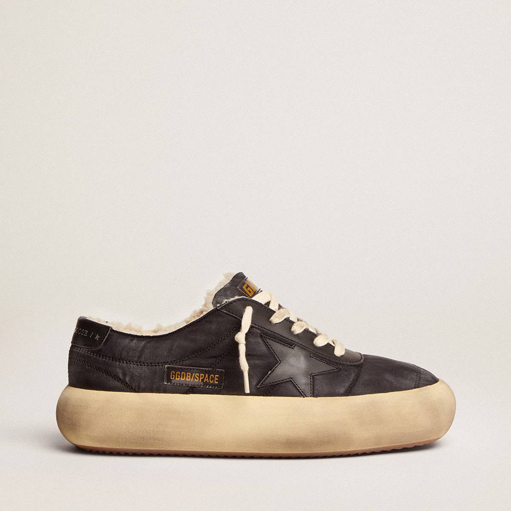 Golden Goose Space-Star Sneakers Shoes In Quilted Black Nylon With Shearling Lining
