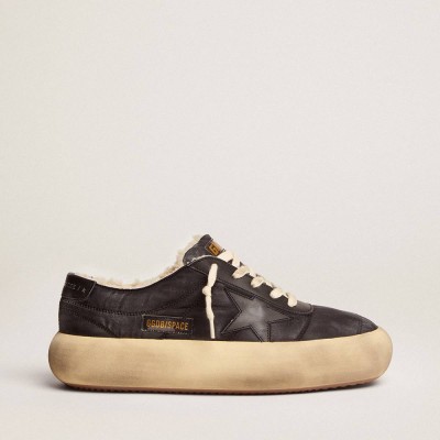 Golden Goose Space-Star Sneakers Shoes In Quilted Black Nylon With Shearling Lining