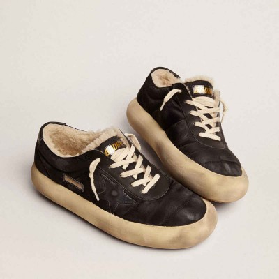 Golden Goose Space-Star Sneakers Shoes In Quilted Black Nylon With Shearling Lining
