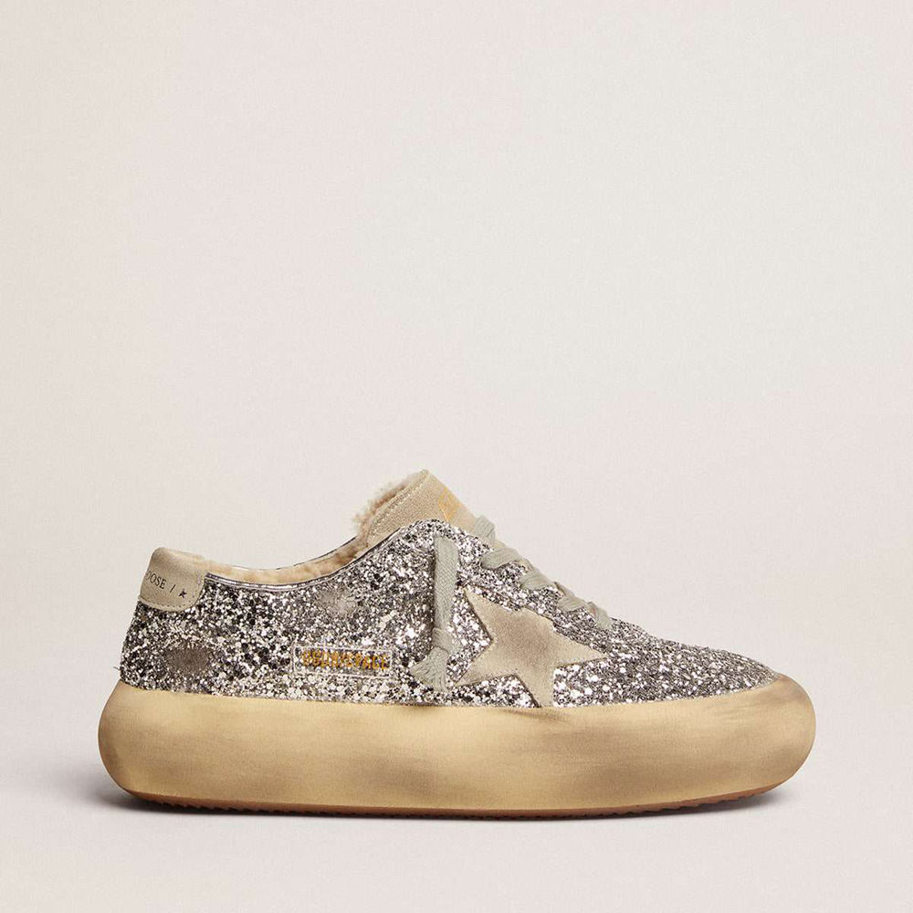 Golden Goose Space-Star Sneakers Shoes In Silver Glitter With Shearling Lining