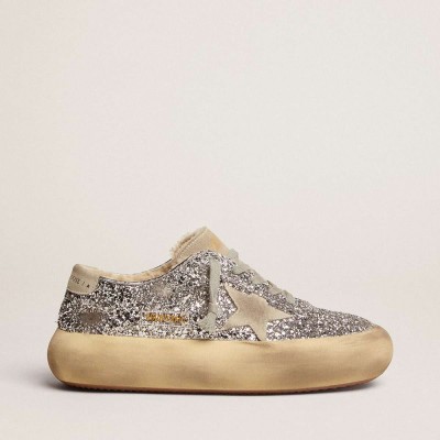 Golden Goose Space-Star Sneakers Shoes In Silver Glitter With Shearling Lining