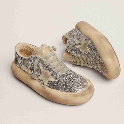 Golden Goose Space-Star Sneakers Shoes In Silver Glitter With Shearling Lining