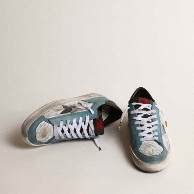 Golden Goose Stardan Sneakers In Distressed Mesh And Petrol-colored Upper