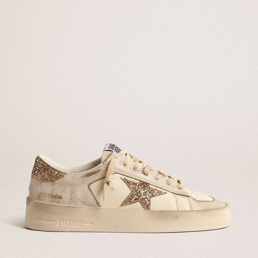 Golden Goose Stardan Sneakers In Ecru Nappa Leather With Gold Glitter Star And Heel Tab