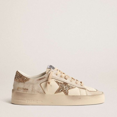 Golden Goose Stardan Sneakers In Ecru Nappa Leather With Gold Glitter Star And Heel Tab