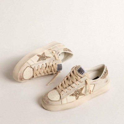Golden Goose Stardan Sneakers In Ecru Nappa Leather With Gold Glitter Star And Heel Tab