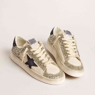 Golden Goose Stardan Sneakers In Platinum Glitter With Dark Blue Suede Star And Heel Tab