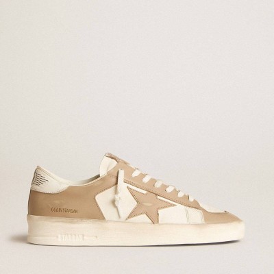Golden Goose Stardan Sneakers In White And Beige Leather With Beige Star And White Heel Tab
