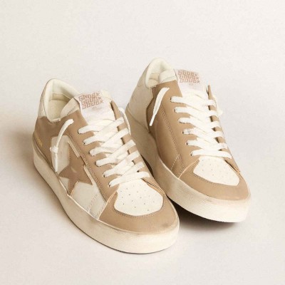 Golden Goose Stardan Sneakers In White And Beige Leather With Beige Star And White Heel Tab