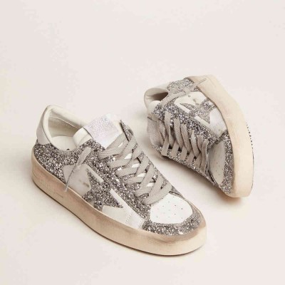 Golden Goose Stardan Sneakers In White Leather And Glitter
