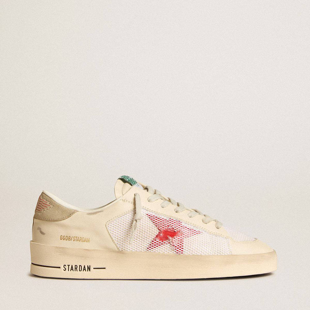 Golden Goose Stardan Sneakers In White Leather And Mesh With Red Star And Sand-colored Heel Tab