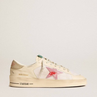 Golden Goose Stardan Sneakers In White Leather And Mesh With Red Star And Sand-colored Heel Tab
