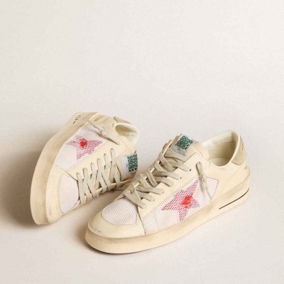 Golden Goose Stardan Sneakers In White Leather And Mesh With Red Star And Sand-colored Heel Tab