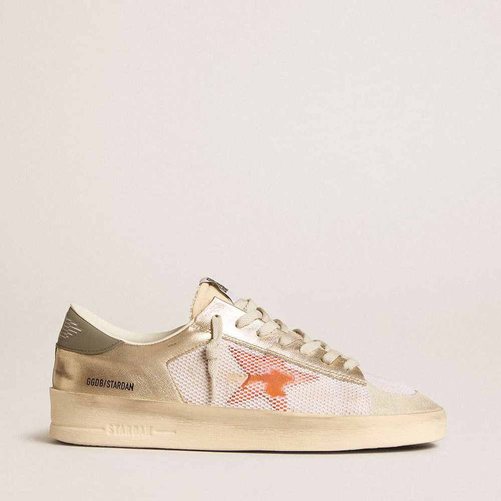 Golden Goose Stardan Sneakers In White Mesh With Orange Star And Platinum Leather Inserts