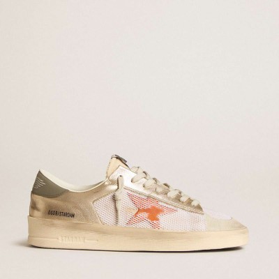 Golden Goose Stardan Sneakers In White Mesh With Orange Star And Platinum Leather Inserts