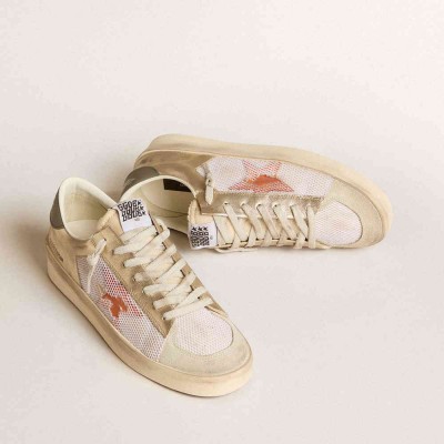 Golden Goose Stardan Sneakers In White Mesh With Orange Star And Platinum Leather Inserts