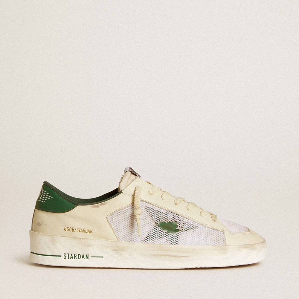 Golden Goose Stardan Sneakers In White Suede And Mesh With Green Leather Star And Heel Tab