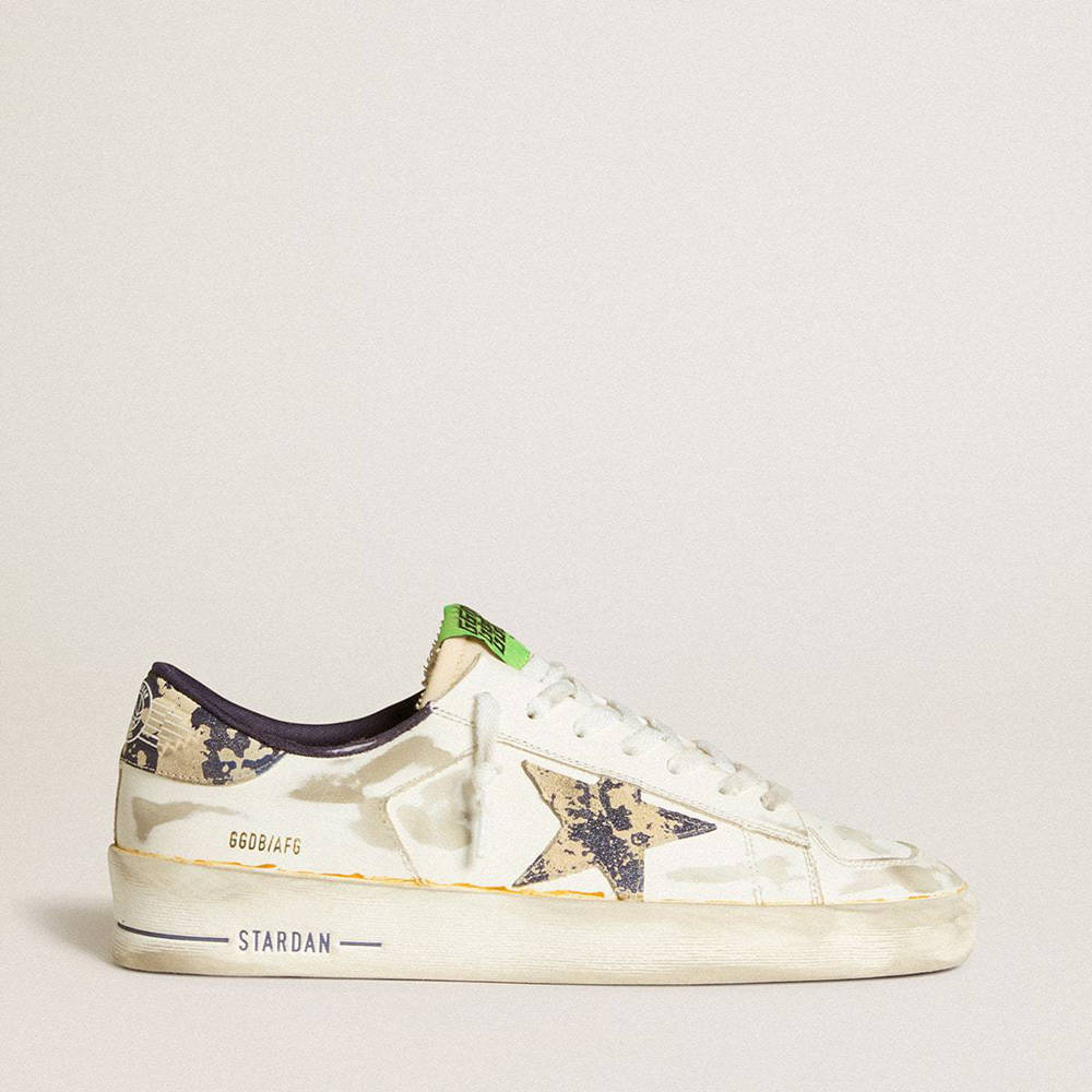 Golden Goose Stardan Sneakers LAB In White Leather With A Camouflage Star And Heel Tab