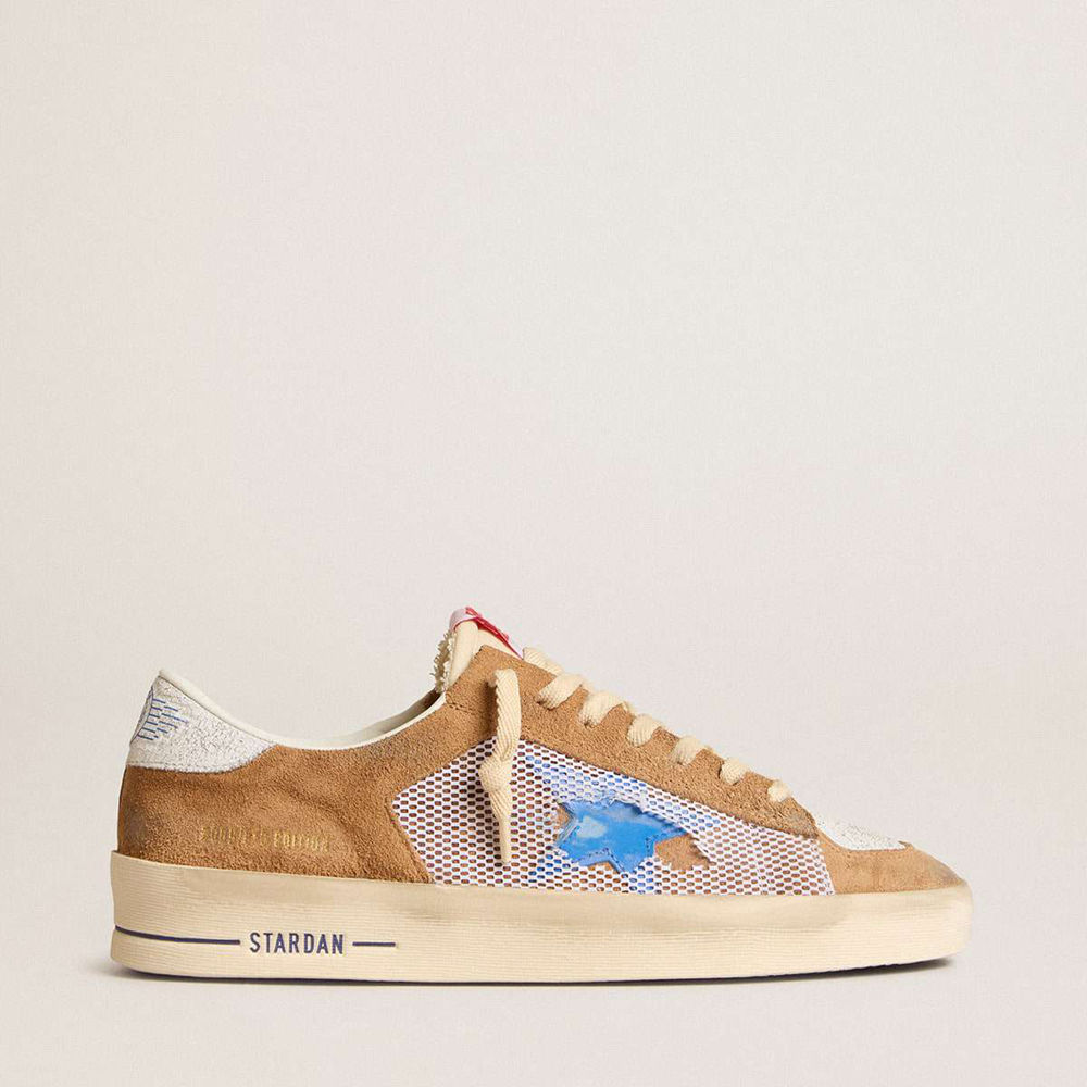 Golden Goose Stardan LTD Sneakers In Tobacco Suede And Mesh With Blue Star And Leather Heel Tab
