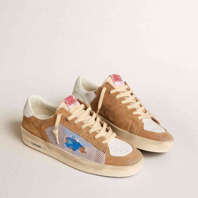 Golden Goose Stardan LTD Sneakers In Tobacco Suede And Mesh With Blue Star And Leather Heel Tab