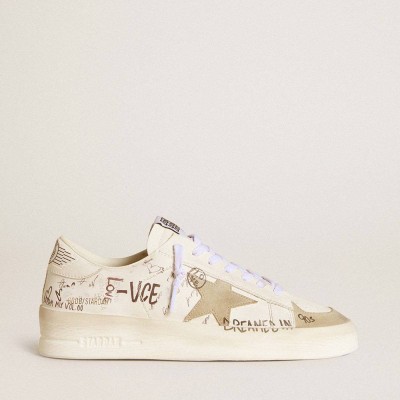 Golden Goose Stardan Sneakers With Beige Suede Star And Toe And All-over Lettering And Patterns