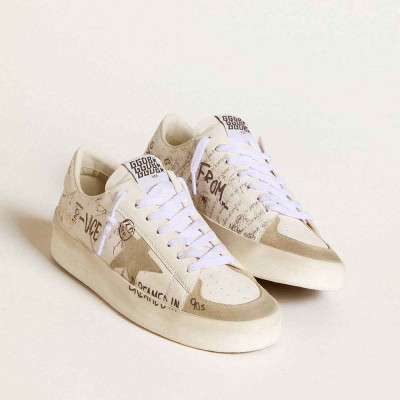 Golden Goose Stardan Sneakers With Beige Suede Star And Toe And All-over Lettering And Patterns