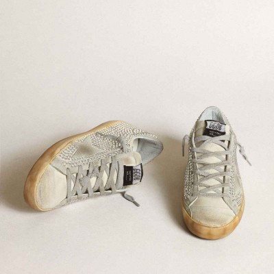Golden Goose Super-Star Sneakers In Aged White Nubuck With Swarovski Crystals