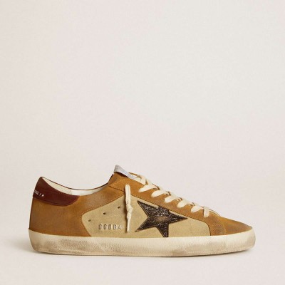 Golden Goose Super-Star Sneakers In Beige And Caramel Suede With Black Crackle Leather Star