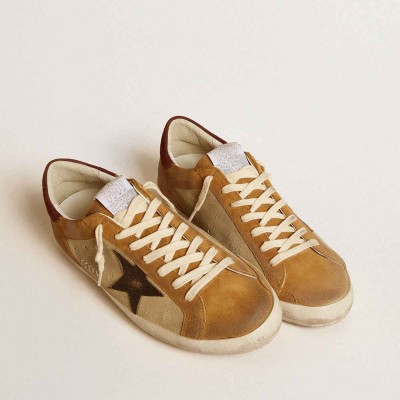 Golden Goose Super-Star Sneakers In Beige And Caramel Suede With Black Crackle Leather Star