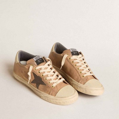 Golden Goose Super-Star Sneakers In Beige Nubuck With Black Printed Star And Leather Heel Tab